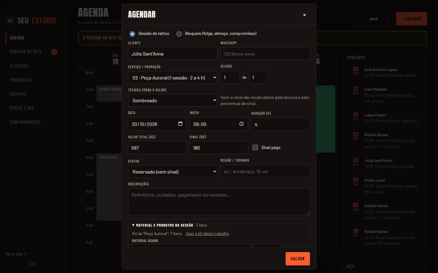 Sessão agendada com o material do kit já preenchido